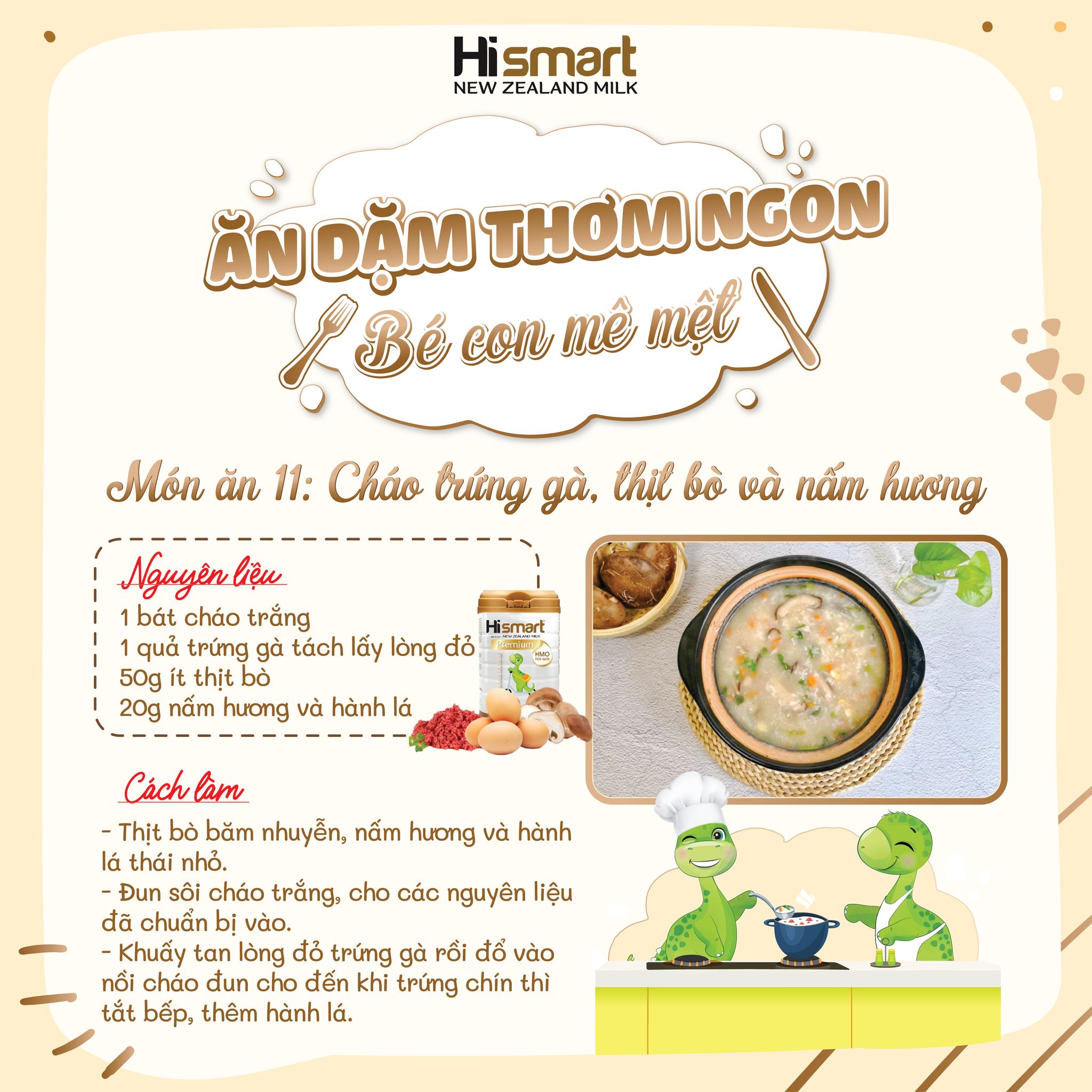 Công thức món ăn thứ 11: Cháo trứng gà, thịt bò và nấm hương