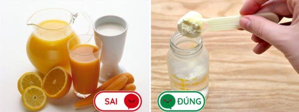 Pha sữa với nước lọc, không dùng với các loại nước trái cây